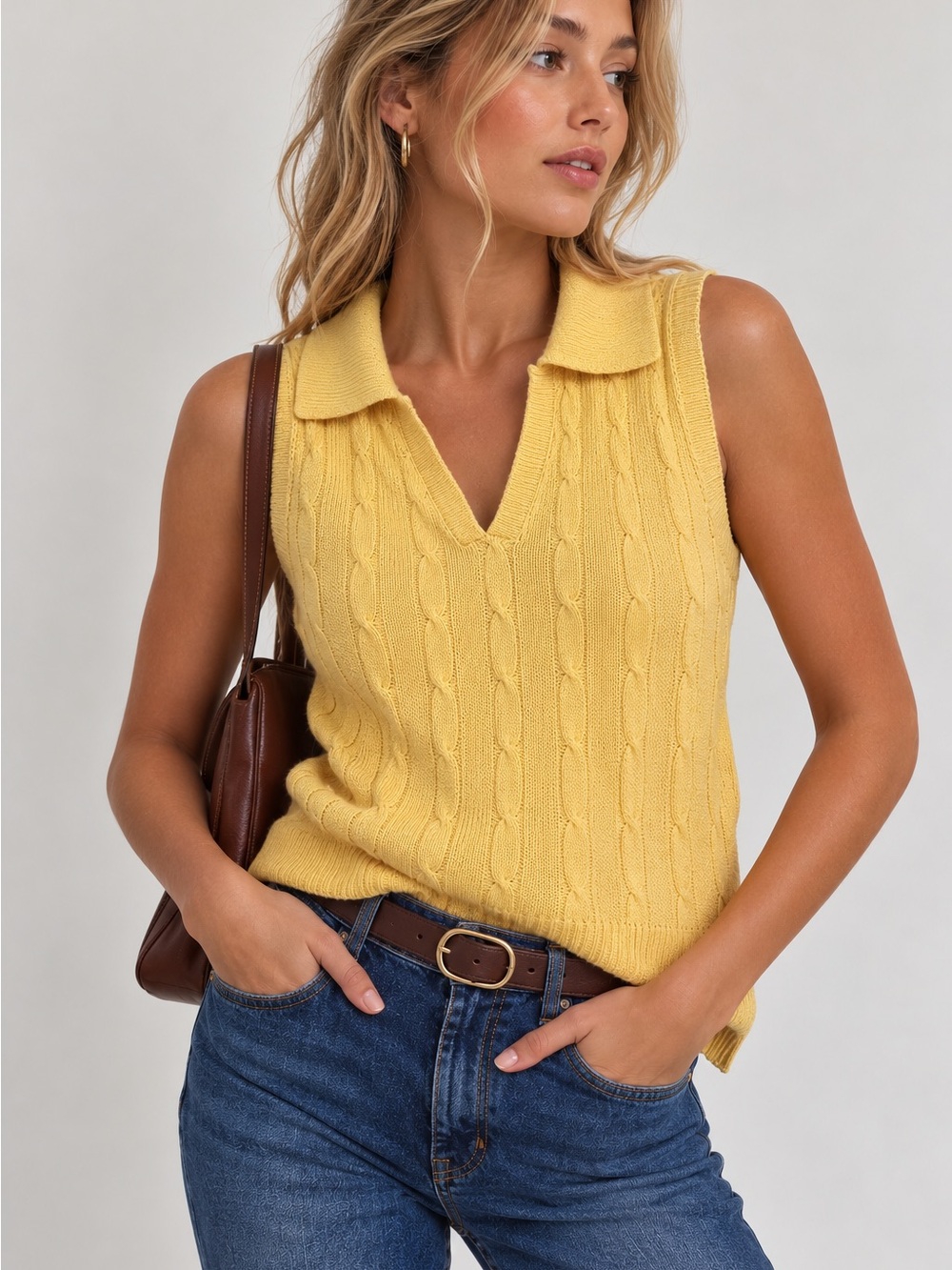 Vintage Pierre Cardin Yellow Cable Knit Polo Sweater Vest Medium Cotton